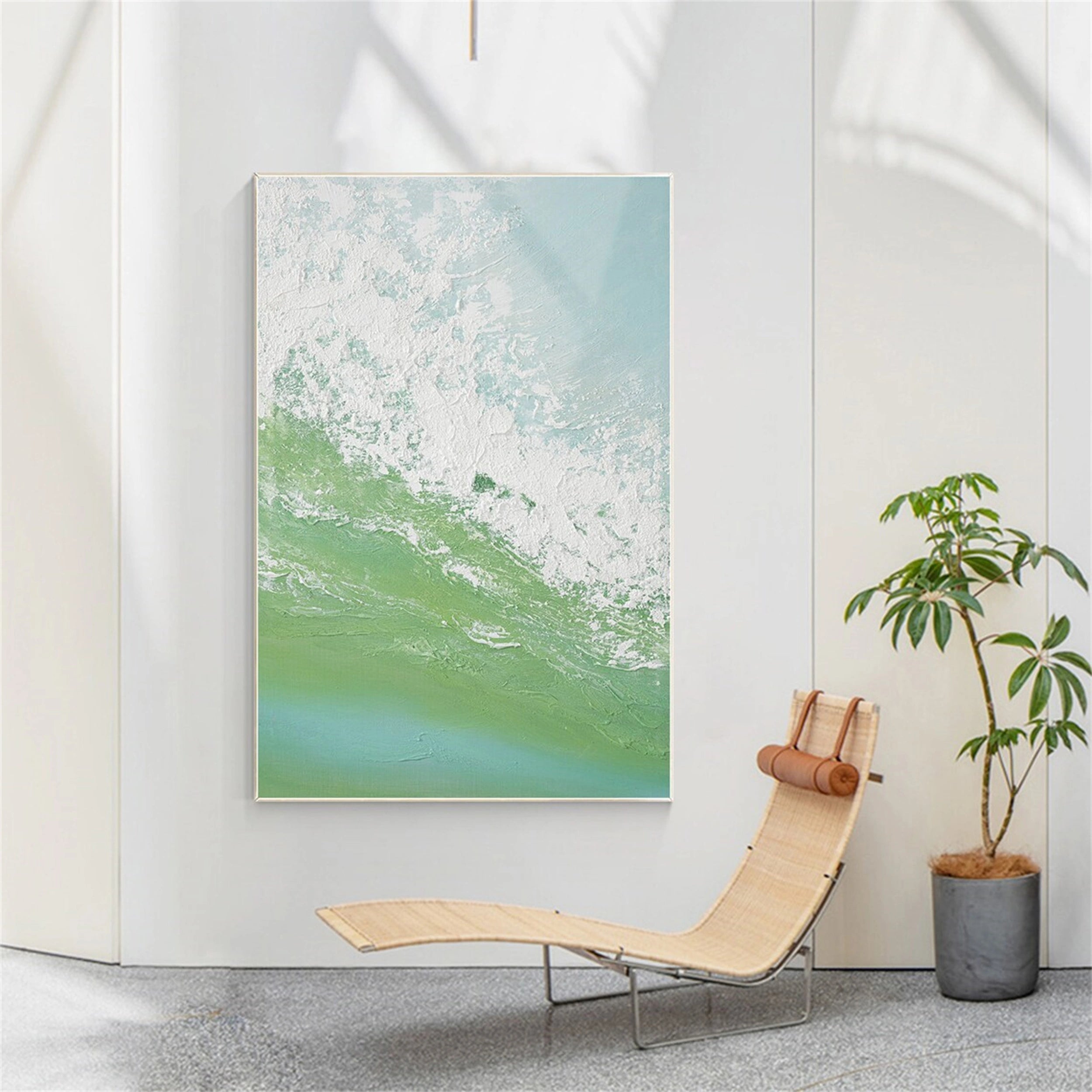 "Large Abstract Landscape Oil Painting - Coastal Greenery Wall Decor