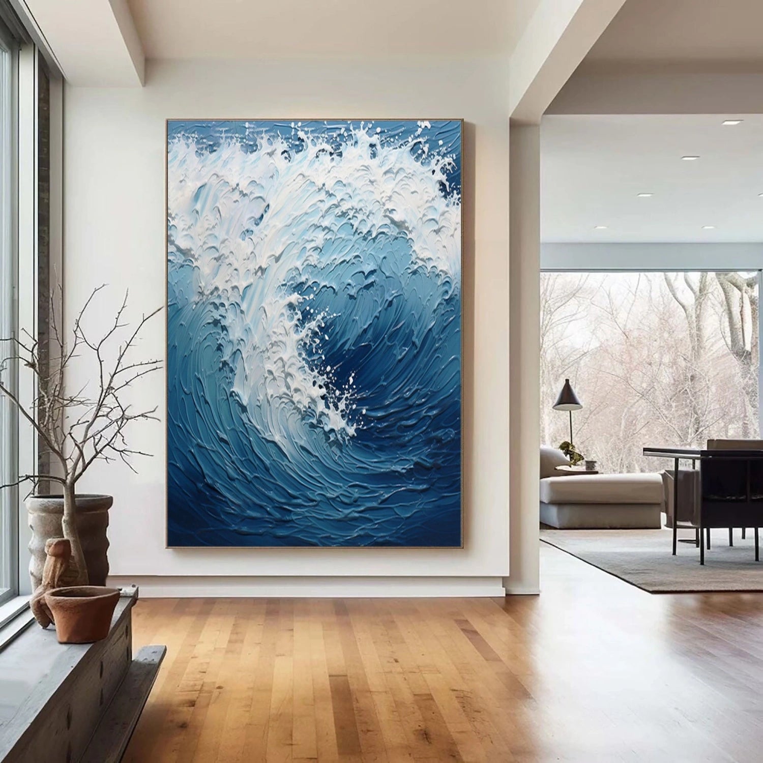Modern Blue Wave Textured Abstract Oil Painting - Ocean Art