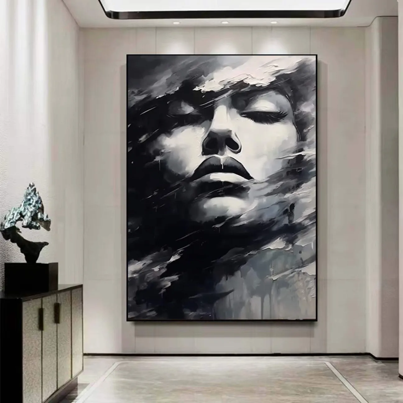 Black and White Figurative Art | Large Vertical Painting Woman Portrait