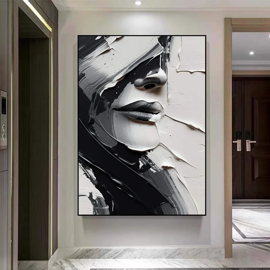 Moody Abstract Painting | Large Vertical Canvas Art Woman Face Black White