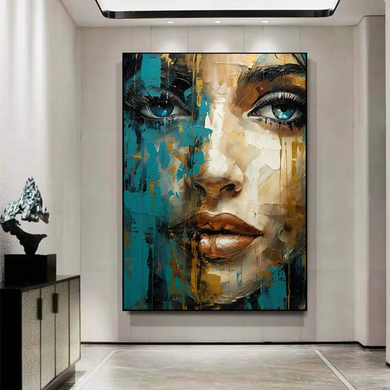 Abstract Woman Portrait | Large Vertical Canvas Wall Art Blue Gold Teal