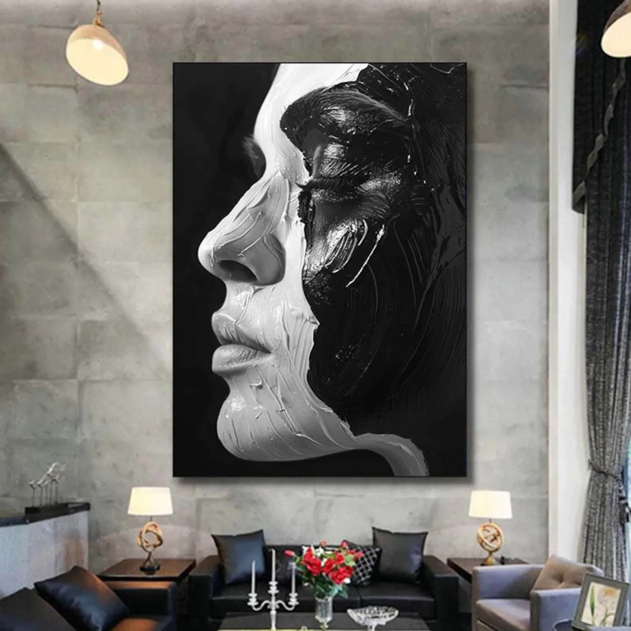 Large Contemporary Portrait Art | Vertical Black & White Abstract Face #ZZ 198