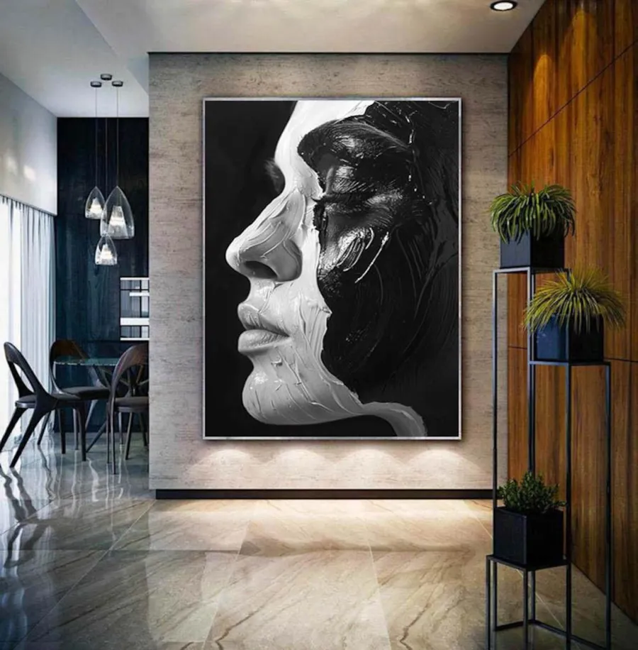 Large Contemporary Portrait Art | Vertical Black & White Abstract Face #ZZ 198