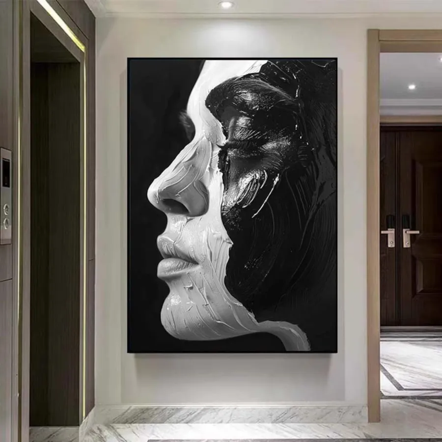 Expressive Woman Portrait | Large Vertical Black White Abstract Wall Art