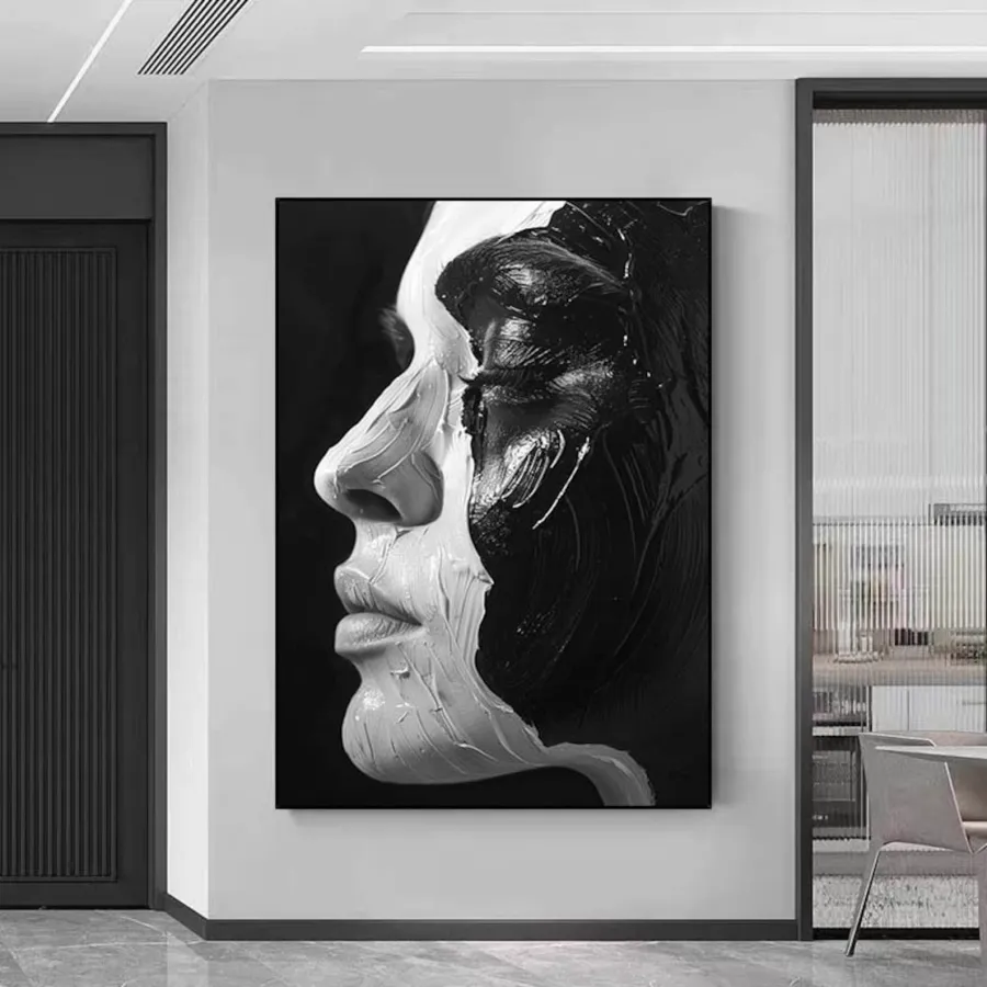 Large Contemporary Portrait Art | Vertical Black & White Abstract Face #ZZ 198