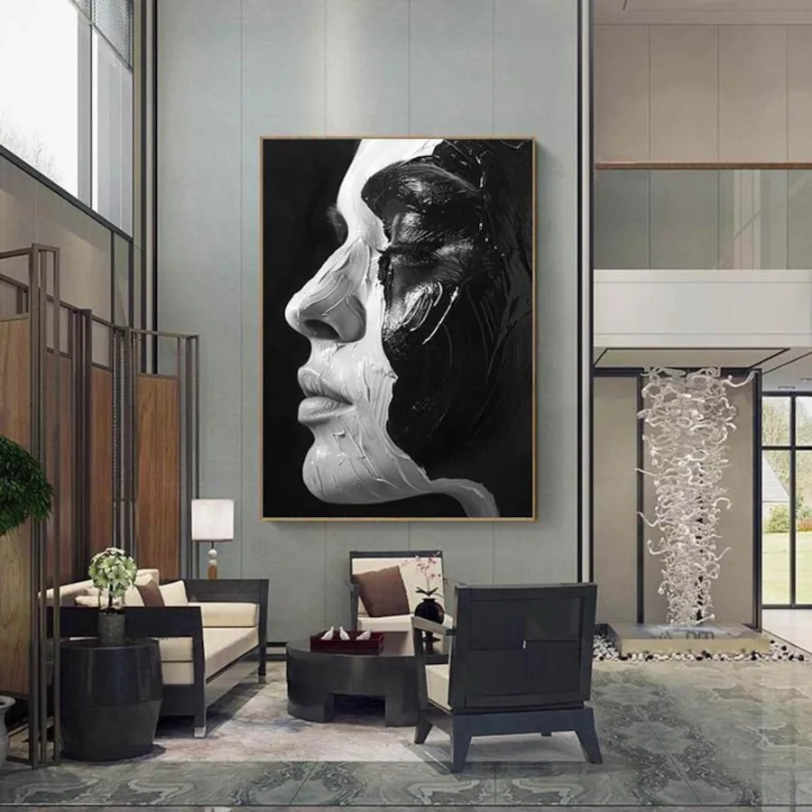 Large Contemporary Portrait Art | Vertical Black & White Abstract Face #ZZ 198