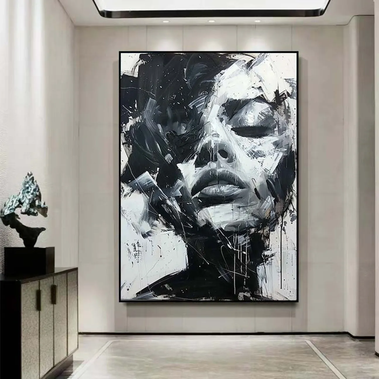 Abstract Woman Face Wall Art | Large Black and White Canvas Painting #ZZ 197