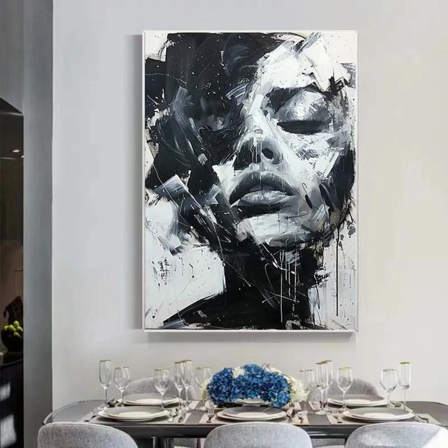 Abstract Woman Face Wall Art | Large Black and White Canvas Painting #ZZ 197