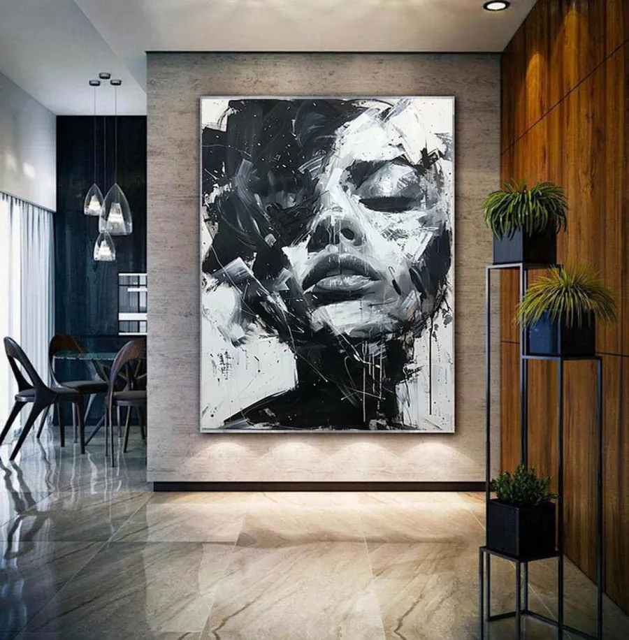 Abstract Woman Face Wall Art | Large Black and White Canvas Painting #ZZ 197