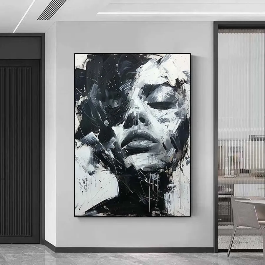 Abstract Woman Face Wall Art | Large Black and White Canvas Painting
