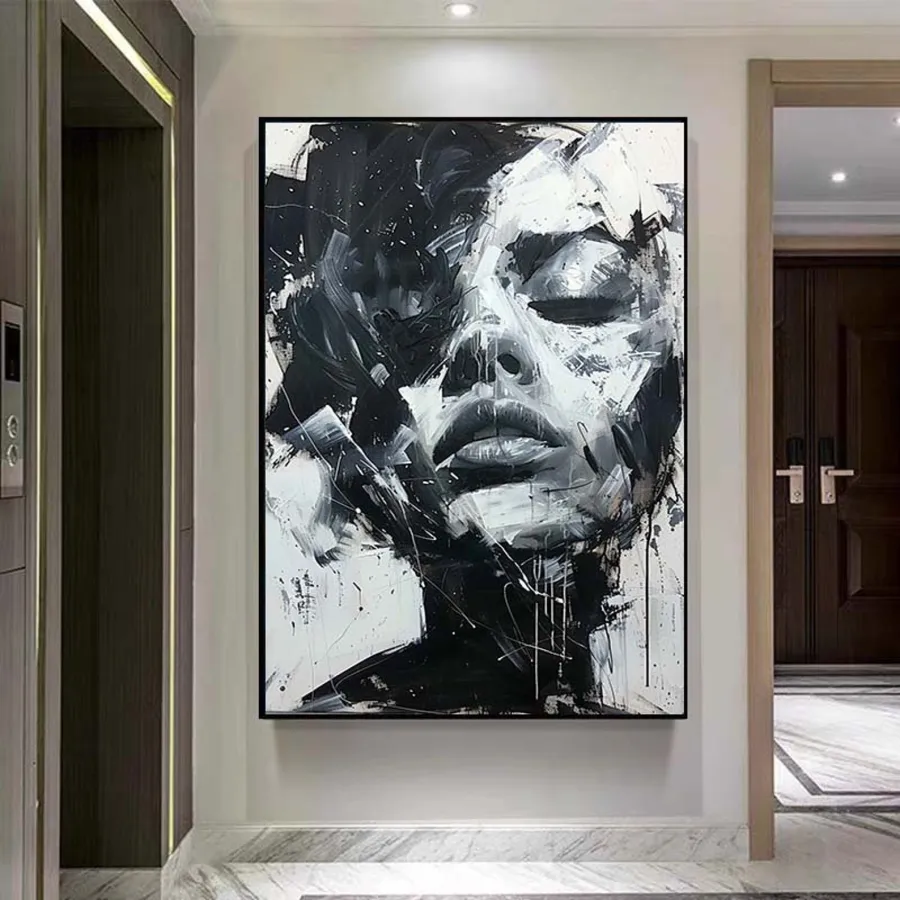 Abstract Woman Face Wall Art | Large Black and White Canvas Painting #ZZ 197