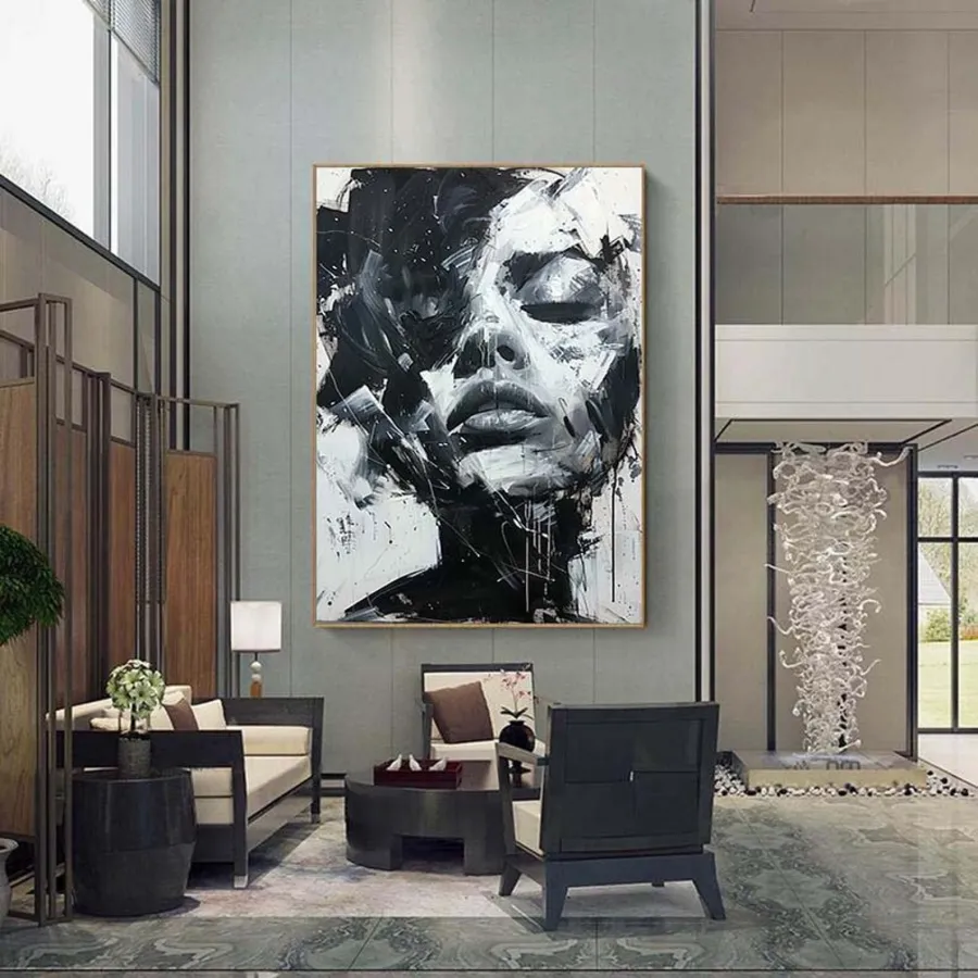 Abstract Woman Face Wall Art | Large Black and White Canvas Painting #ZZ 197