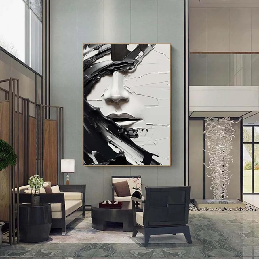 Oversized Vertical Wall Art | Abstract Black and White Face Painting Decor #ZZ 199