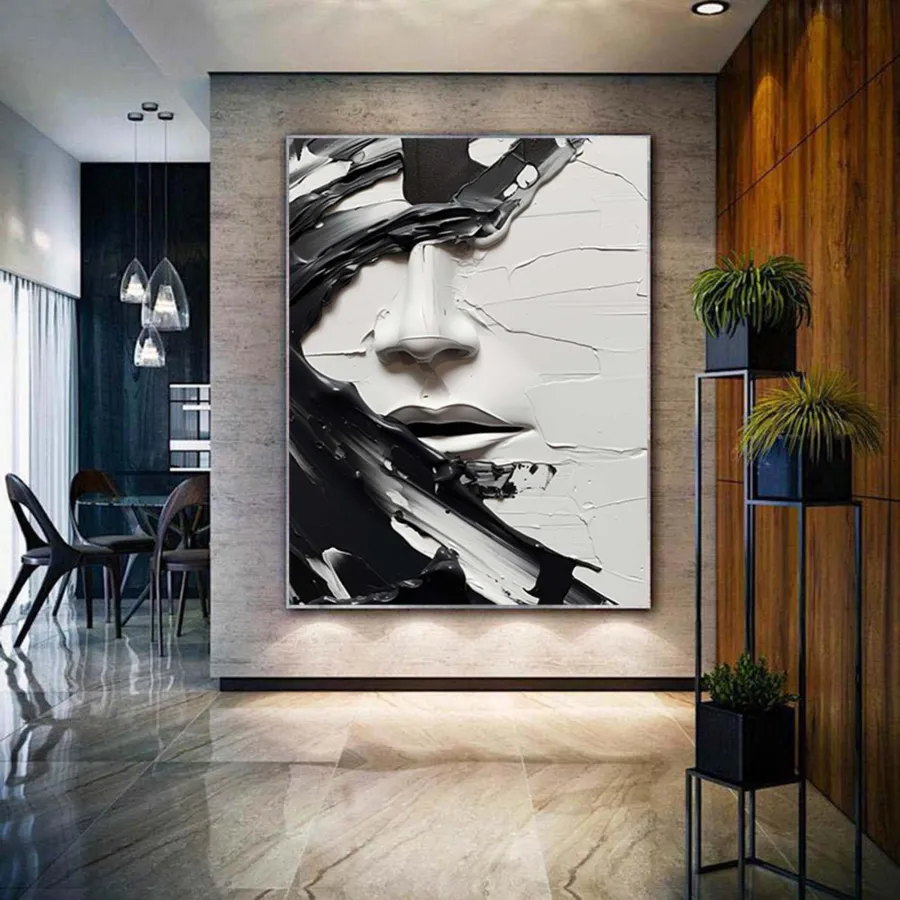 Oversized Vertical Wall Art | Abstract Black and White Face Painting Decor #ZZ 199