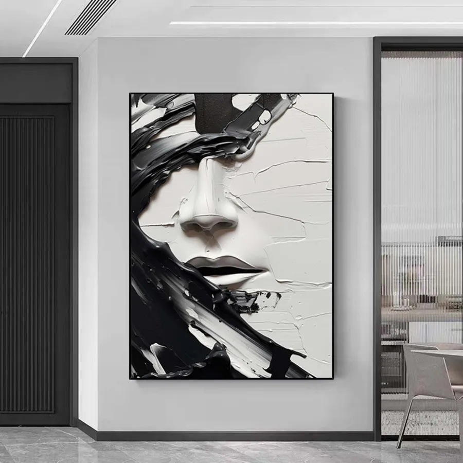 Contemporary Black White Art | Large Vertical Abstract Woman Face Canvas