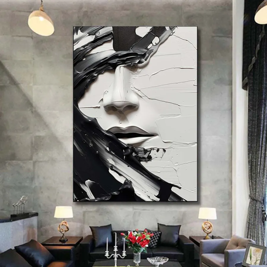 Oversized Vertical Wall Art | Abstract Black and White Face Painting Decor #ZZ 199