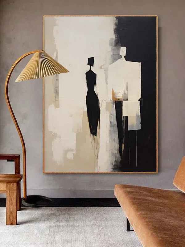 Figurative Abstract Art | Large Vertical Painting Couple Black White