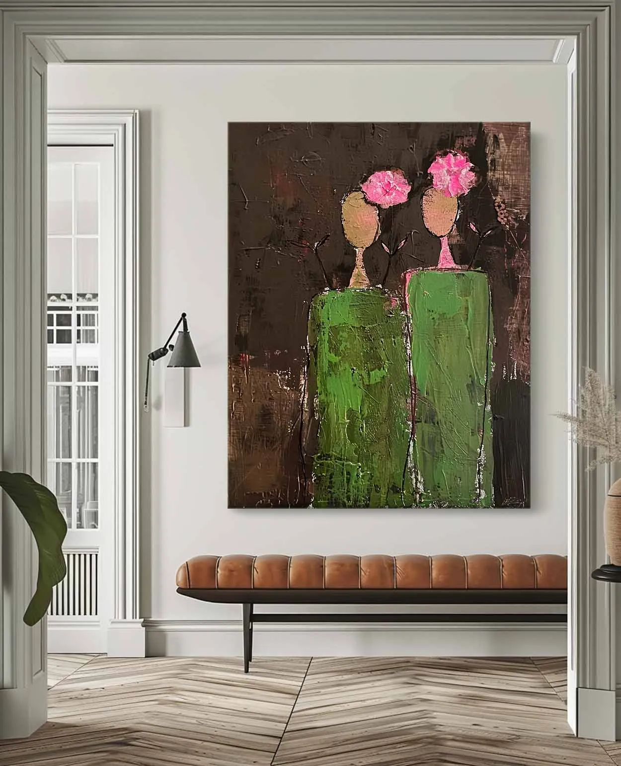 Textured Abstract Painting | Large Vertical Art Green Pink Brown Decor