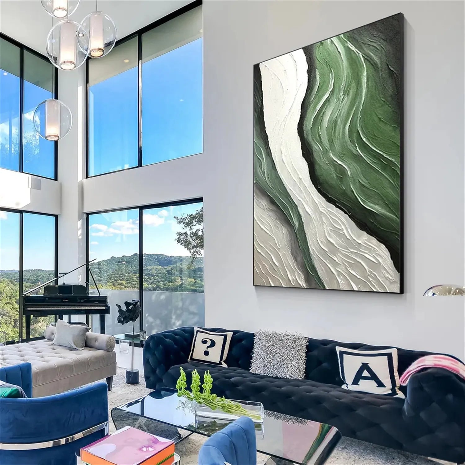 Handmade Abstract Art Green Ocean Wave  Large Wall Art #JJ 221