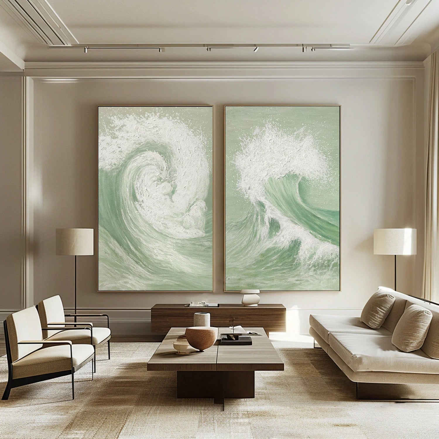 Handmade Green Seascape - Textured White Wave Art