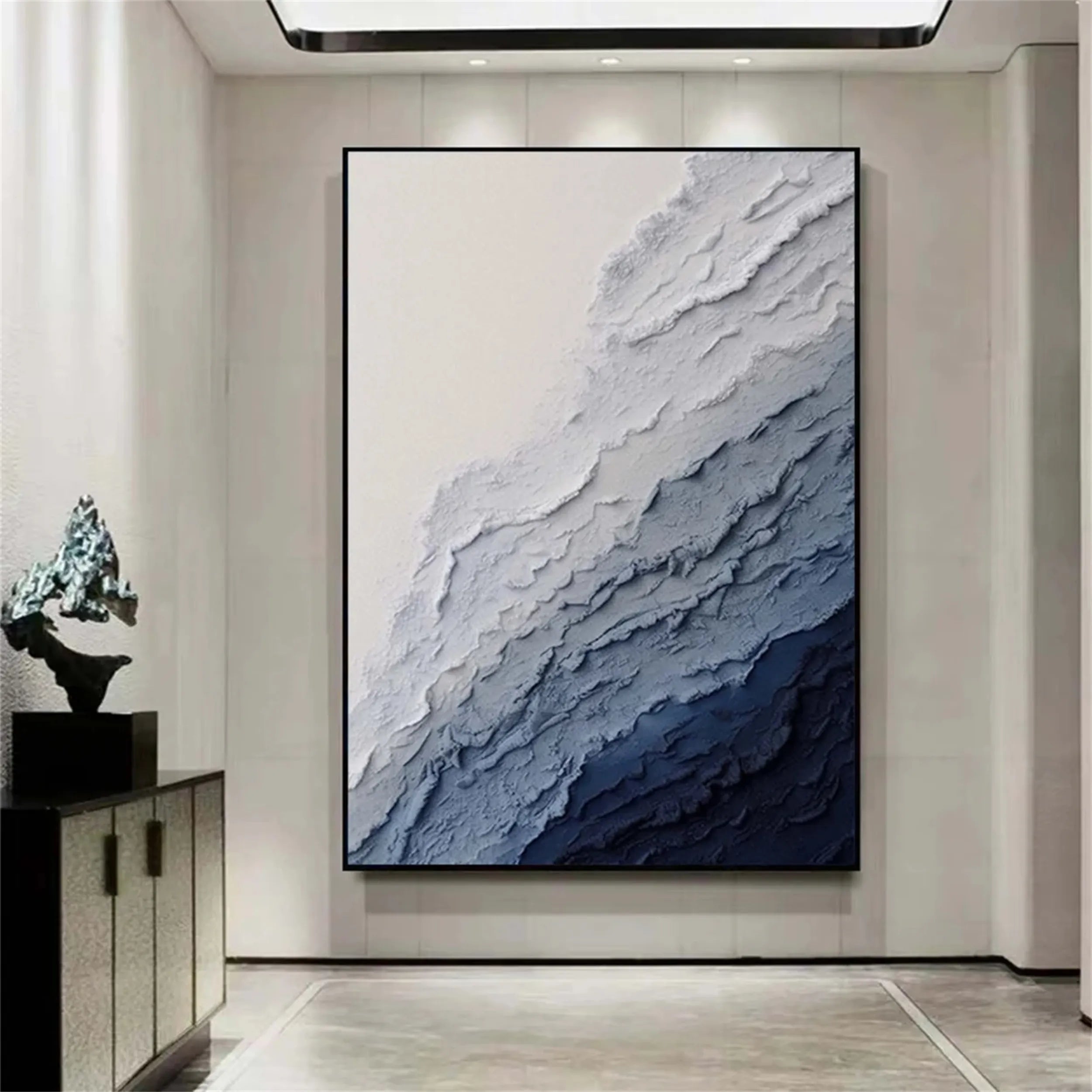 Vertical Beige and Blue Textured Abstract Oil Painting - Modern Serene Art # JJ 129