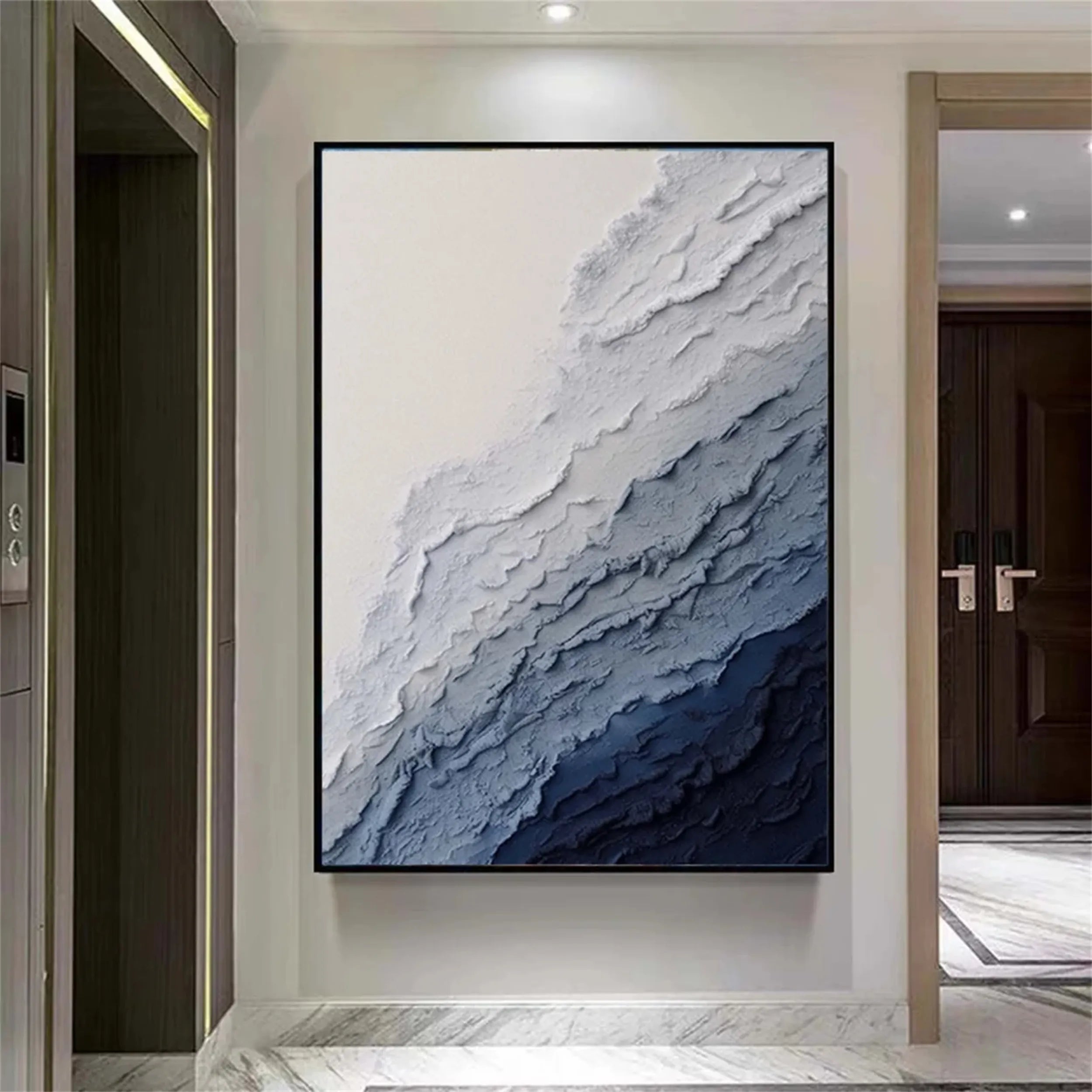 Vertical Beige and Blue Textured Abstract Oil Painting - Modern Serene Art # JJ 129