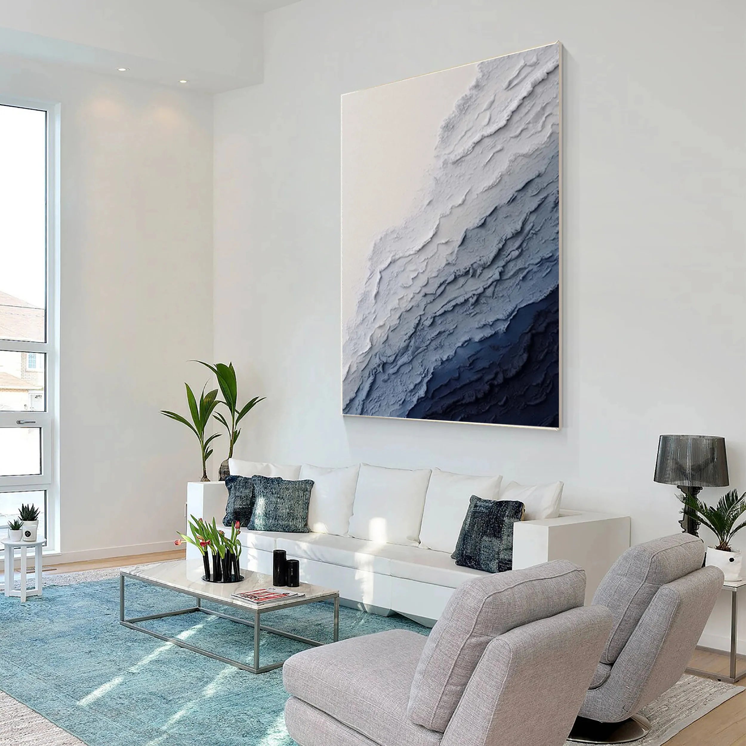 Vertical Beige and Blue Textured Abstract Oil Painting - Modern Serene Art # JJ 129