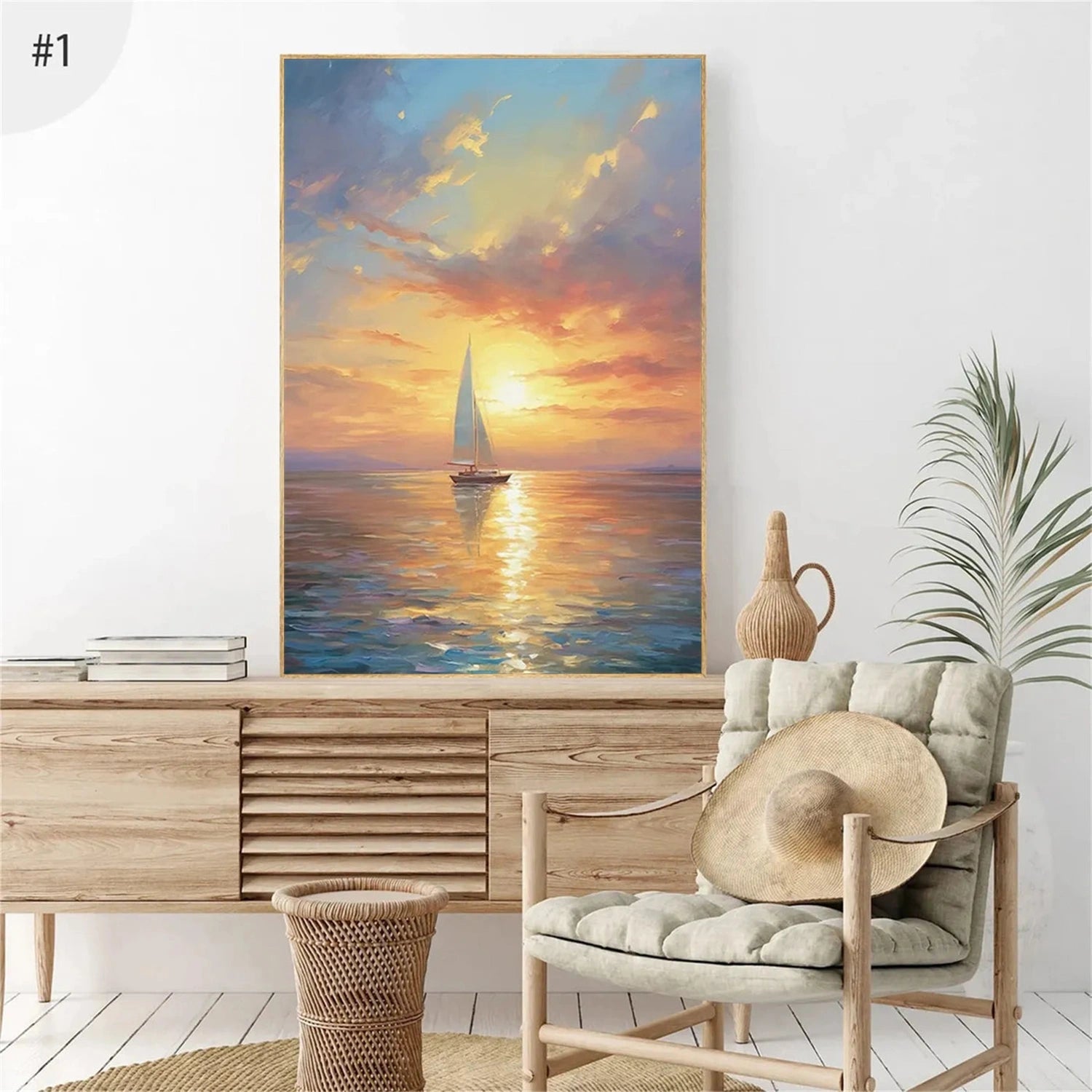 Sailboat Sunrise Seascape Art - Abstract Ocean Wall Art #JJ 207