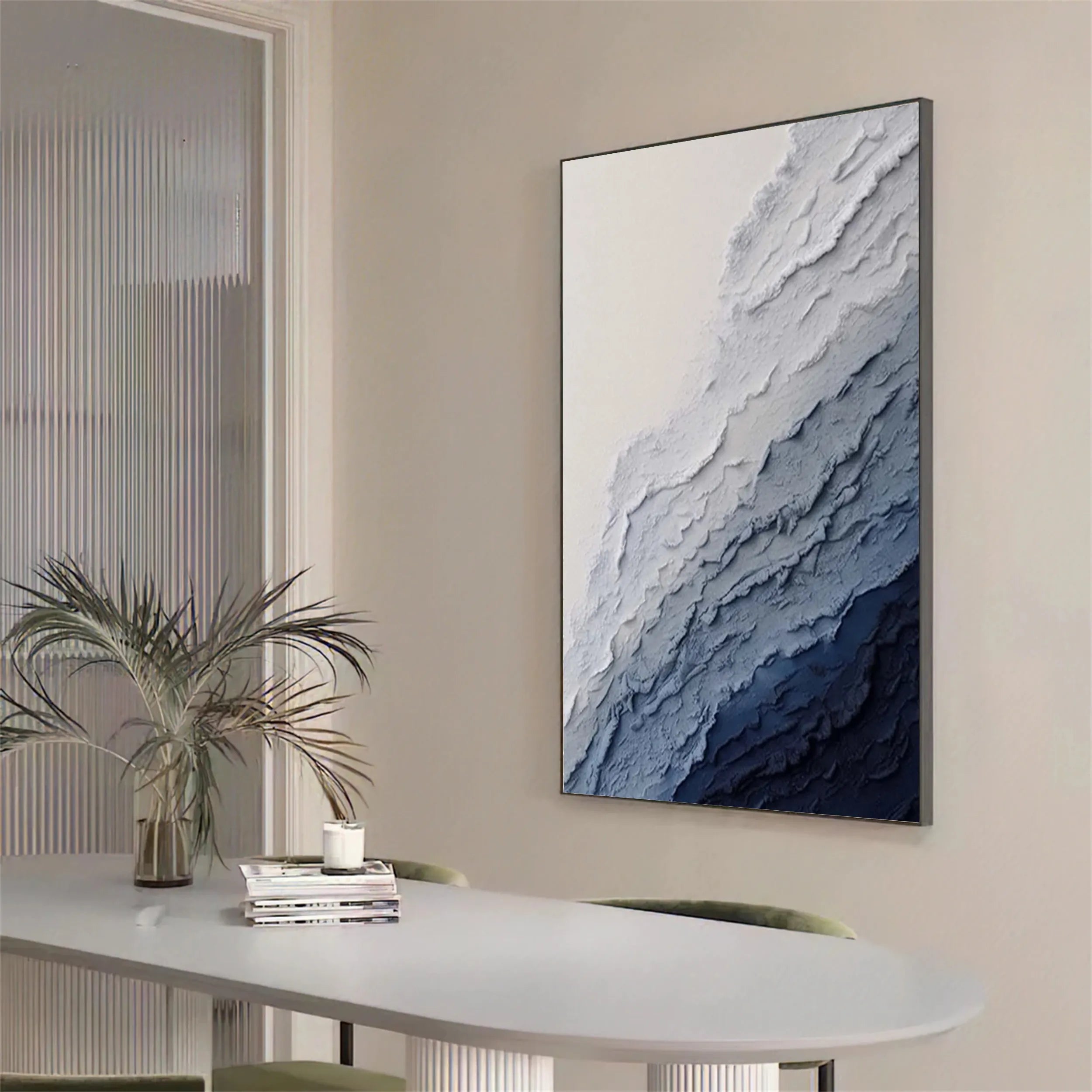 Vertical Beige and Blue Textured Abstract Oil Painting - Modern Serene Art # JJ 129