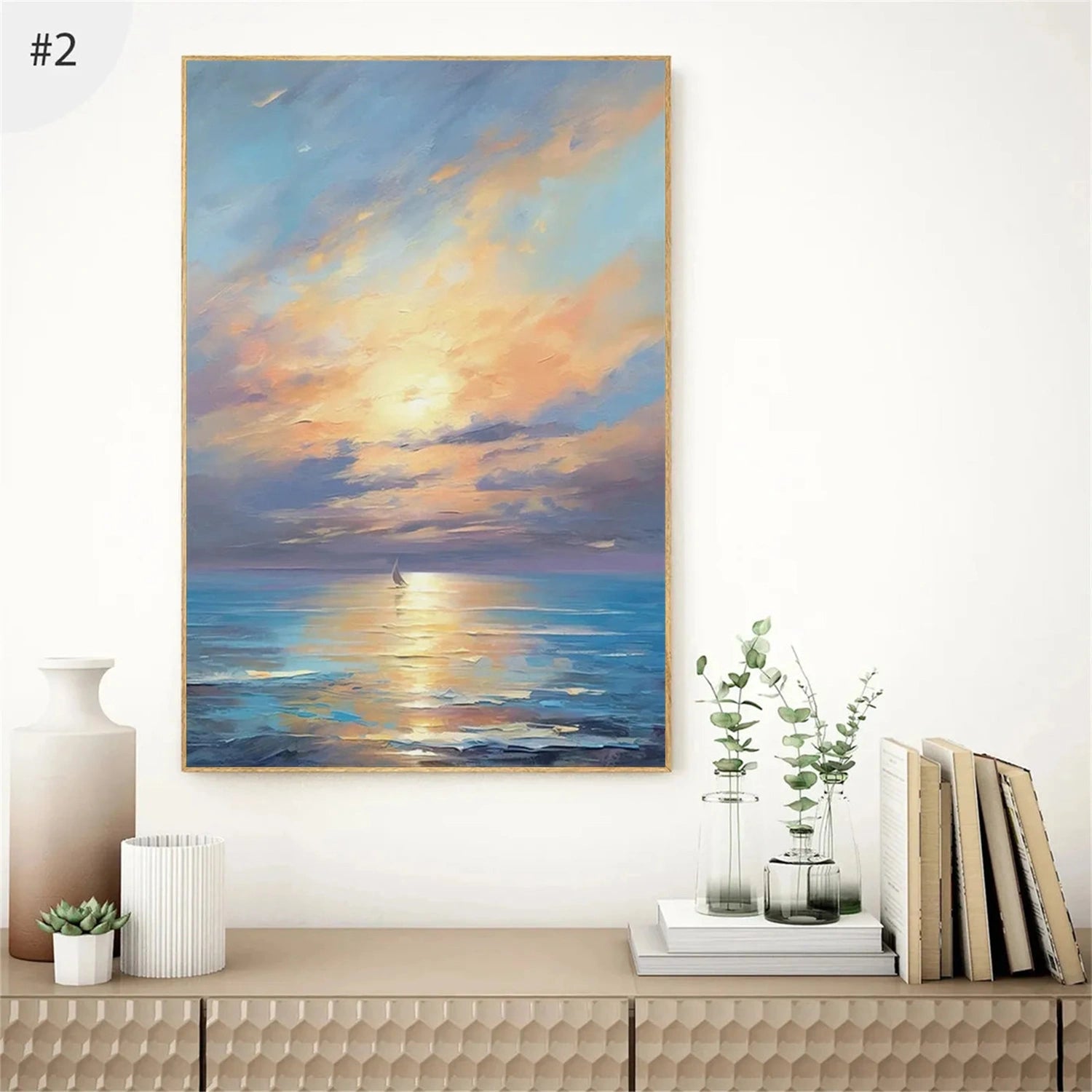 Sailboat Sunrise Seascape Art - Abstract Ocean Wall Art #JJ 207