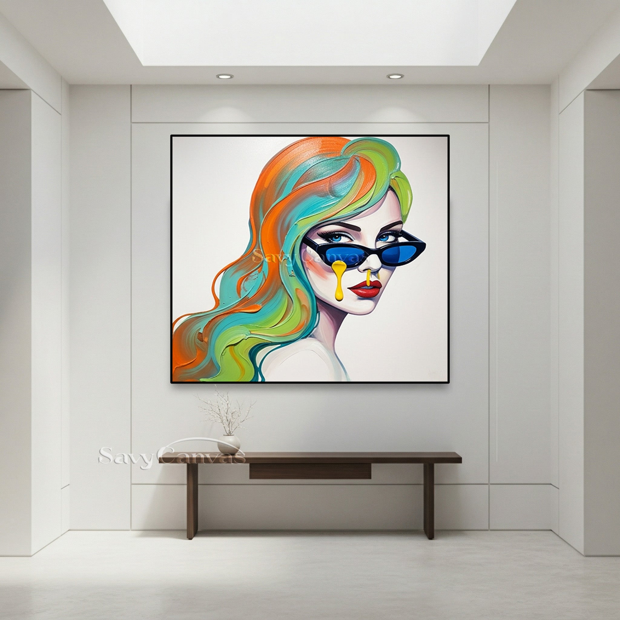 Chic Woman with Blue Sunglasses Art | Pop Art Style Canvas Decor #SS 115