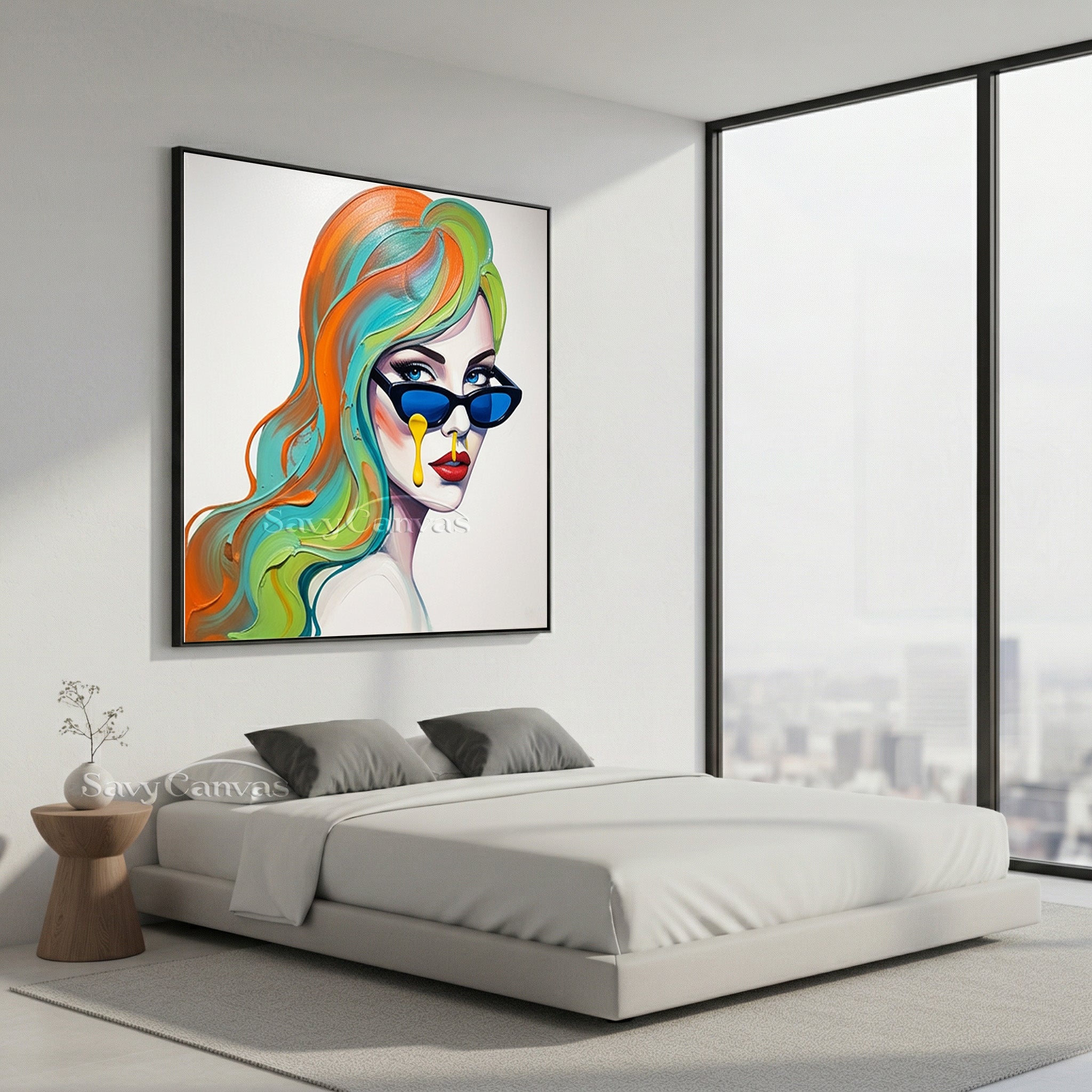 Chic Woman with Blue Sunglasses Art | Pop Art Style Canvas Decor #SS 115