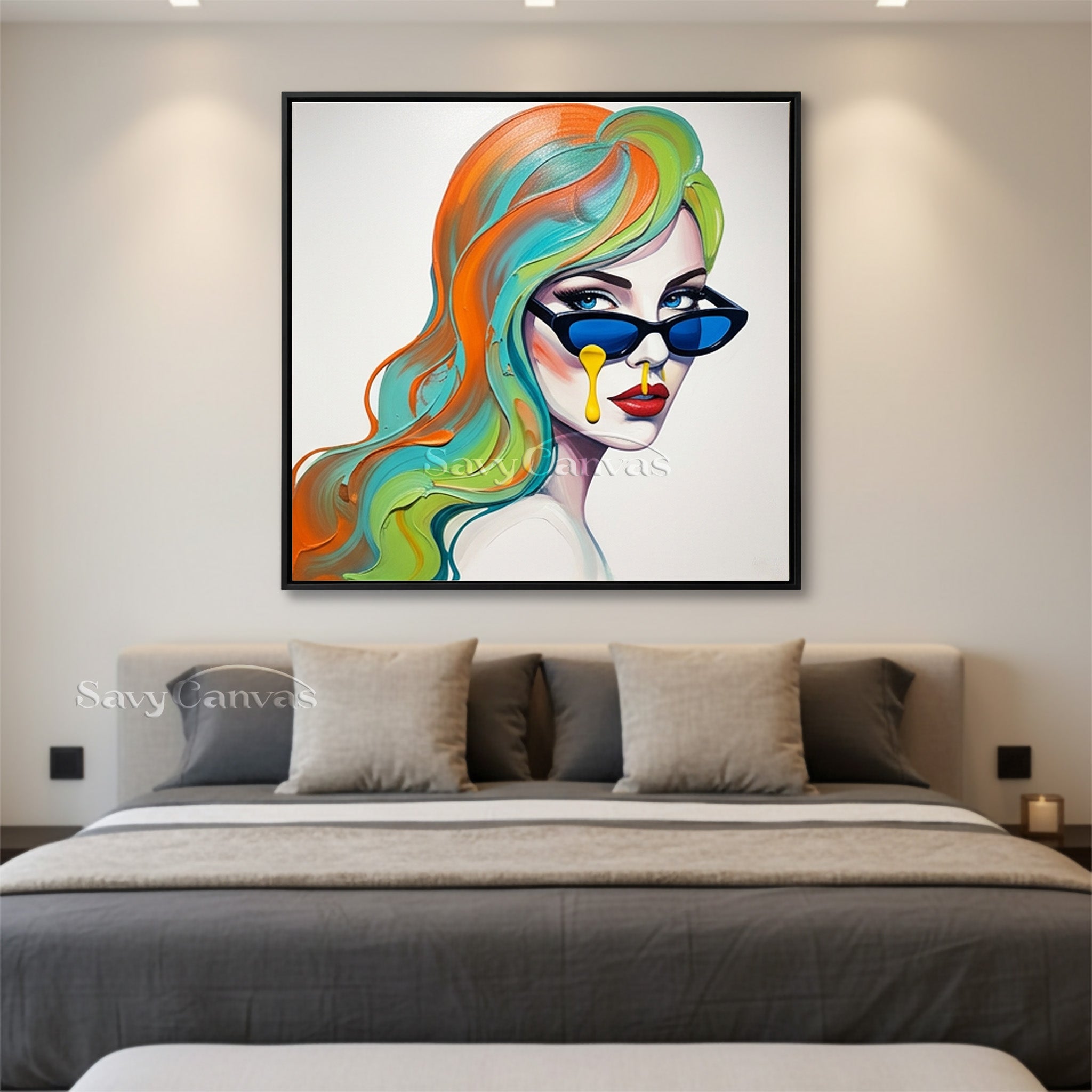 Chic Woman with Blue Sunglasses Art | Pop Art Style Canvas Decor #SS 115
