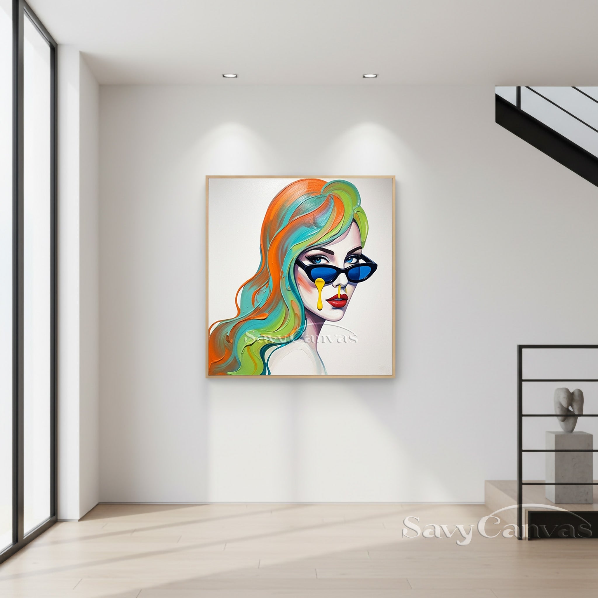 Chic Woman with Blue Sunglasses Art | Pop Art Style Canvas Decor #SS 115
