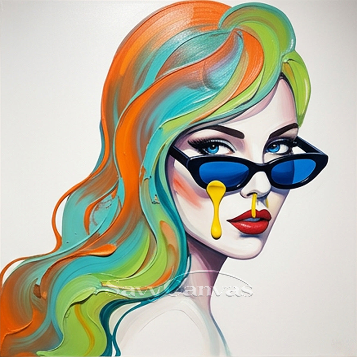 Chic Woman with Blue Sunglasses Art | Pop Art Style Canvas Decor #SS 115