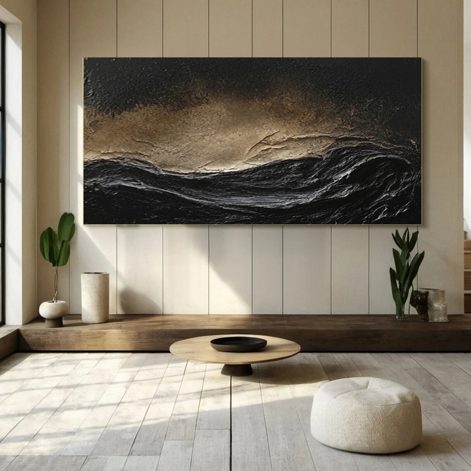  Wide Dramatic Textured Abstract Art - Black Gold White Modern Oil Painting