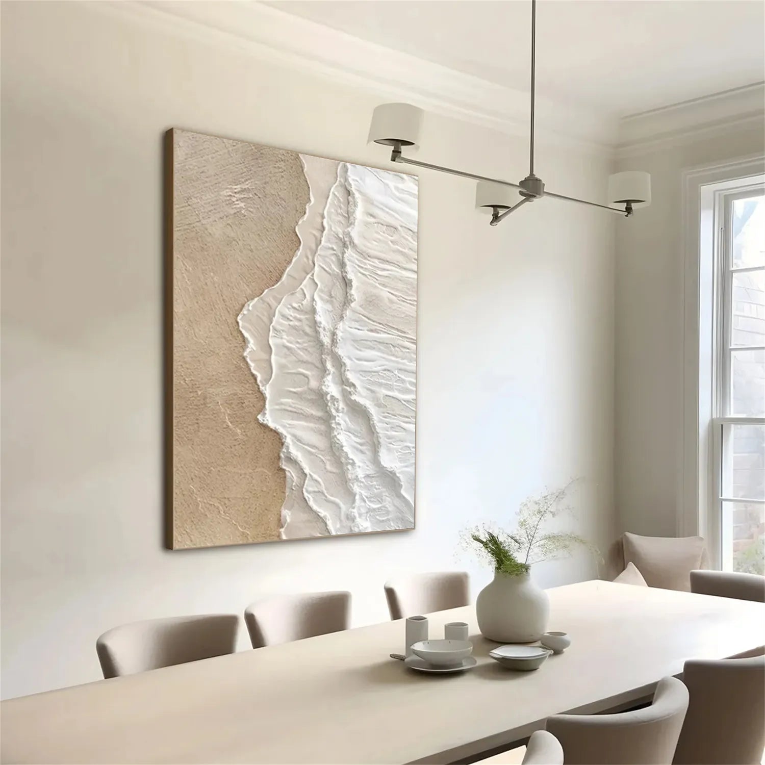 Vertical Beige and White Textured Beach Abstract Oil Painting - Modern Serene # JJ 135