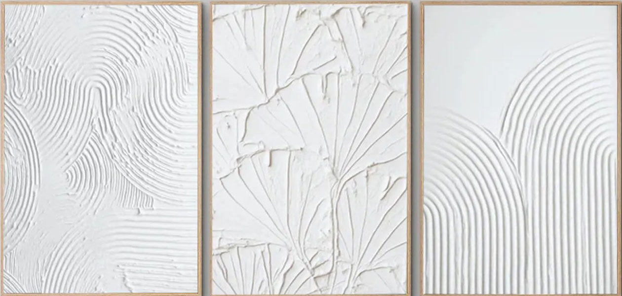 White Minimalist Textured Abstract Triptych - Modern Art #JJ 113