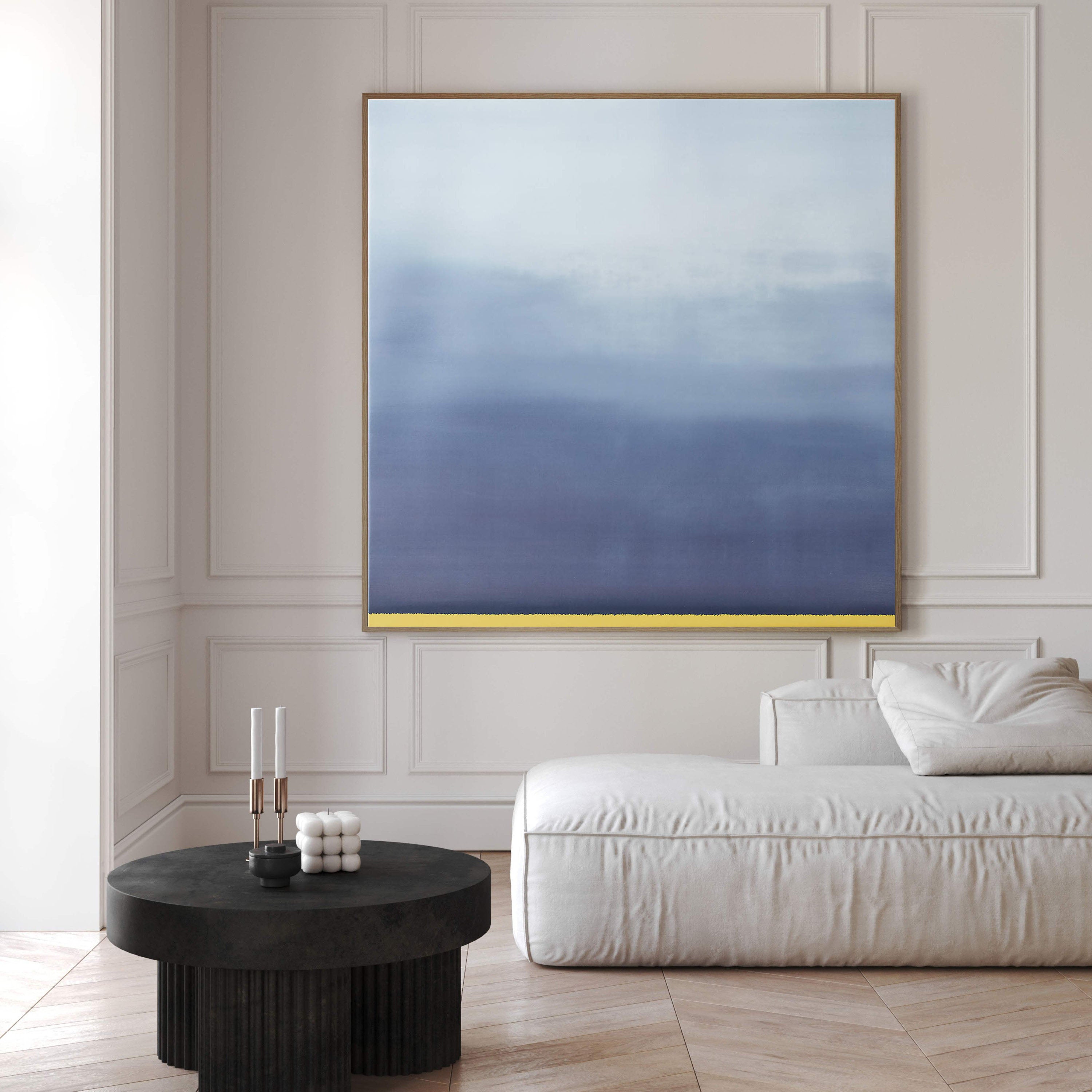 Blue Abstract Art with Yellow Line for Living Room