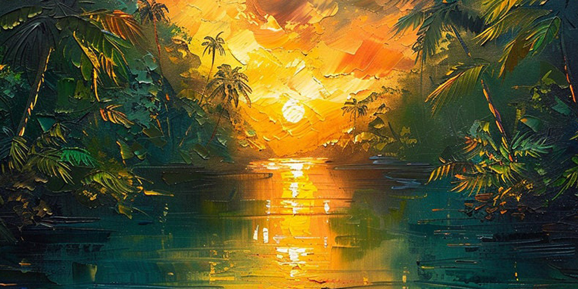 Buy Large Tropical Landscape Art | Hand-Painted Sunset Over Water Painting