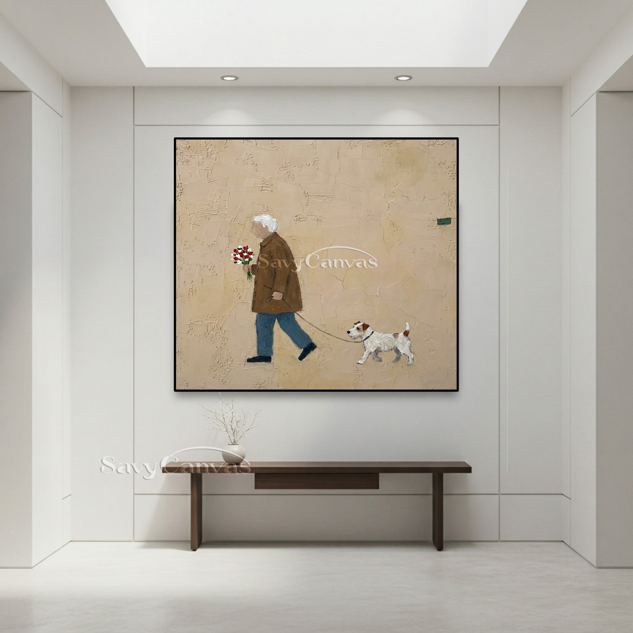Minimalist Man & Dog Textured Canvas Wall Art #SS 018