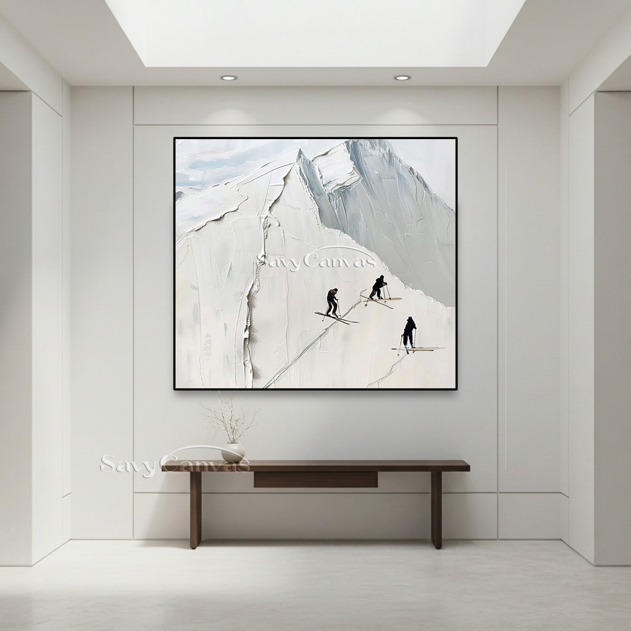 Minimalist Skiing on Snowy Mountain Canvas | Winter Sports Art #AA 454
