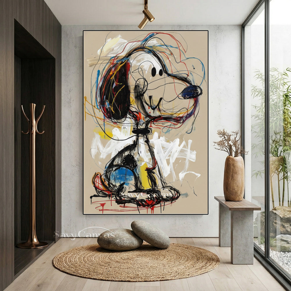 Modern living room with minimalist Snoopy wall art