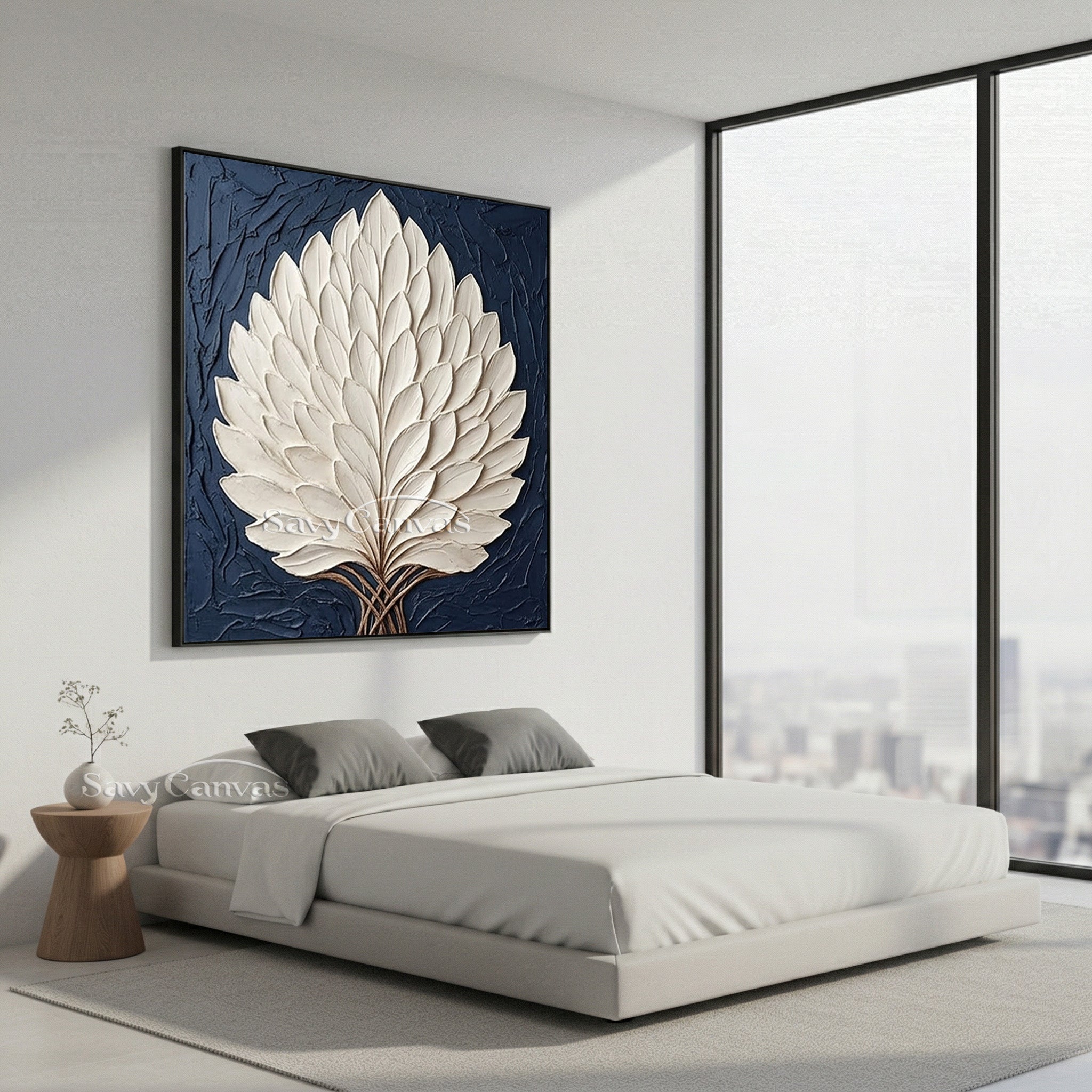 3D Textured White Leaf Oil Painting on Navy Blue Canvas #SS 130