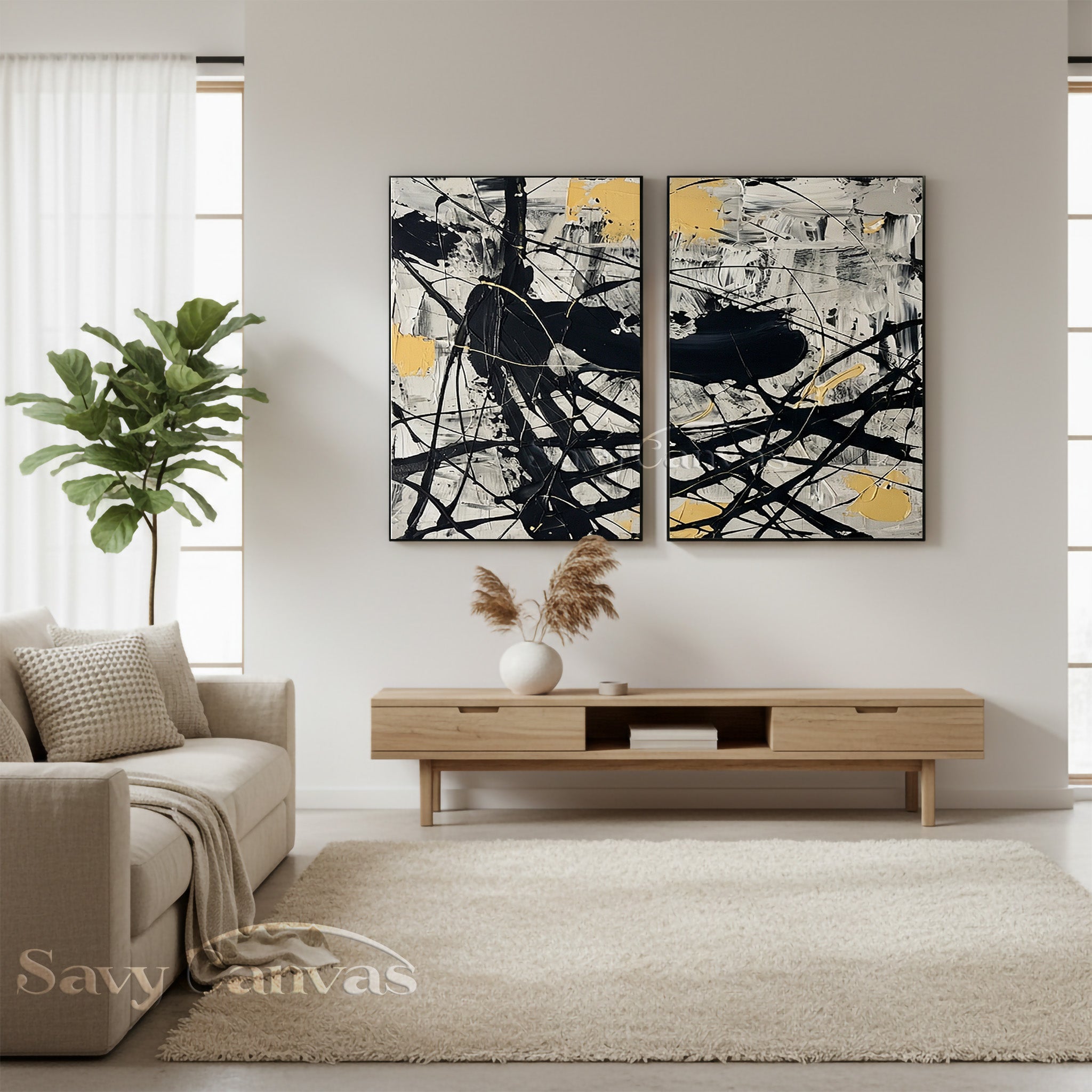 Modern Black and White Diptych Art | Set of 2 Pollock Drip Paintings #JJ 473