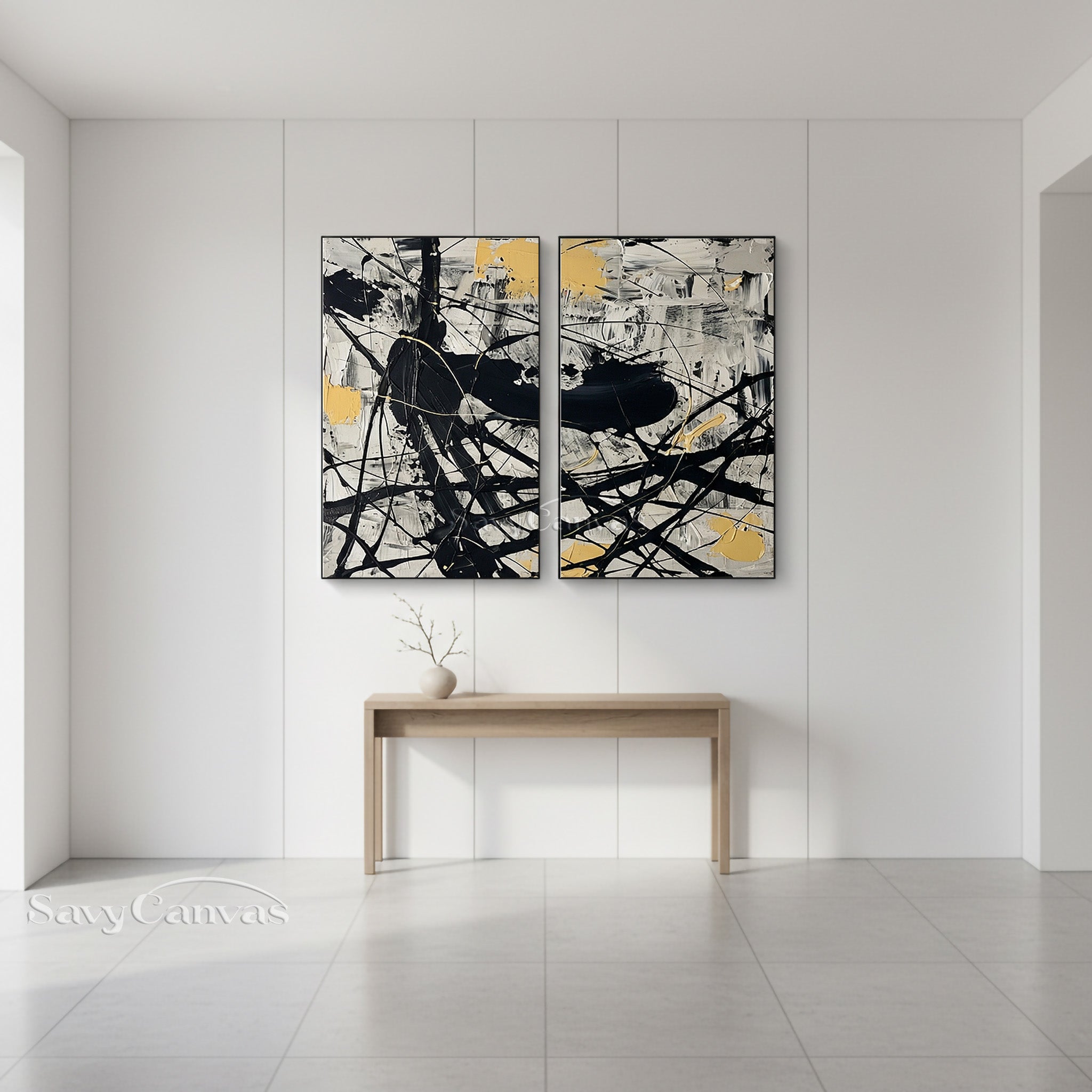 Modern Black and White Diptych Art | Set of 2 Pollock Drip Paintings #JJ 473