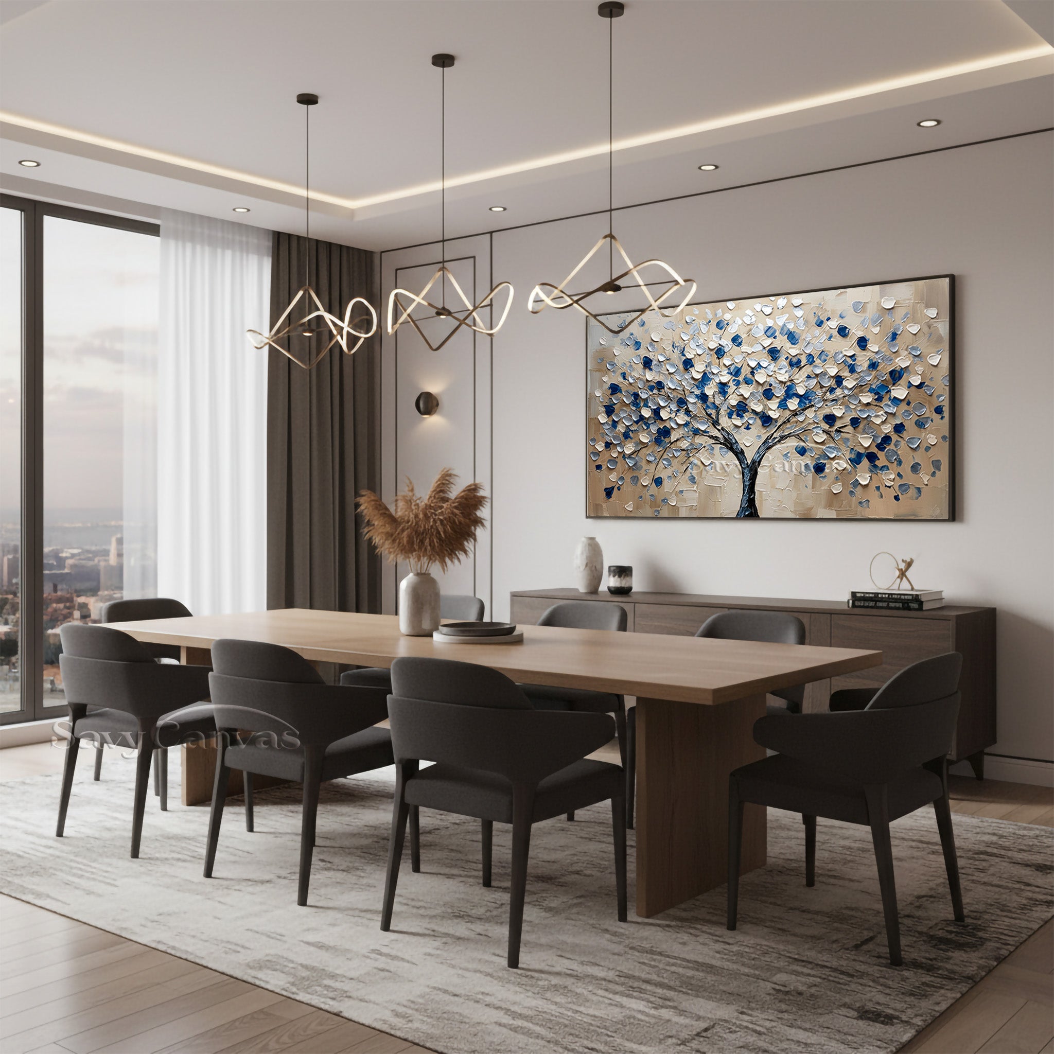 Hand-Painted Abstract Blue Floral Tree Canvas Wall Art #SS 032