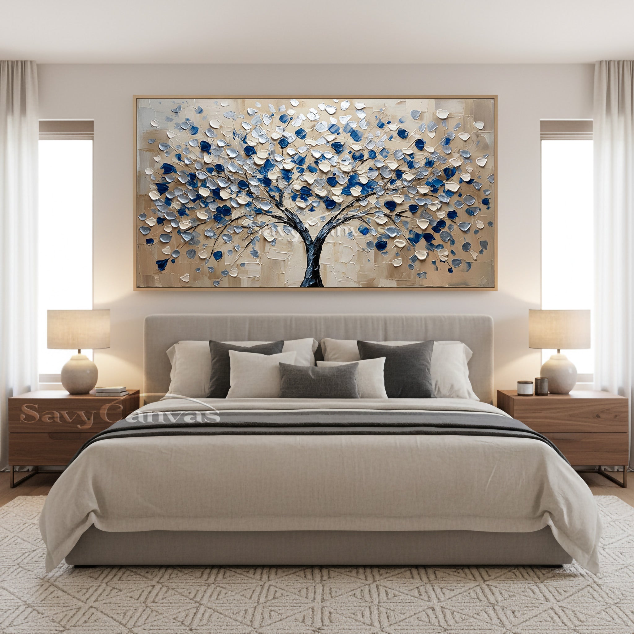 Hand-Painted Abstract Blue Floral Tree Canvas Wall Art #SS 032