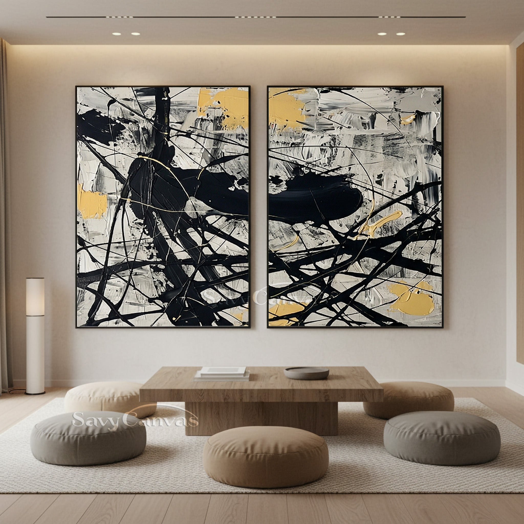 Modern Black and White Diptych Art | Set of 2 Pollock Drip Paintings #JJ 473