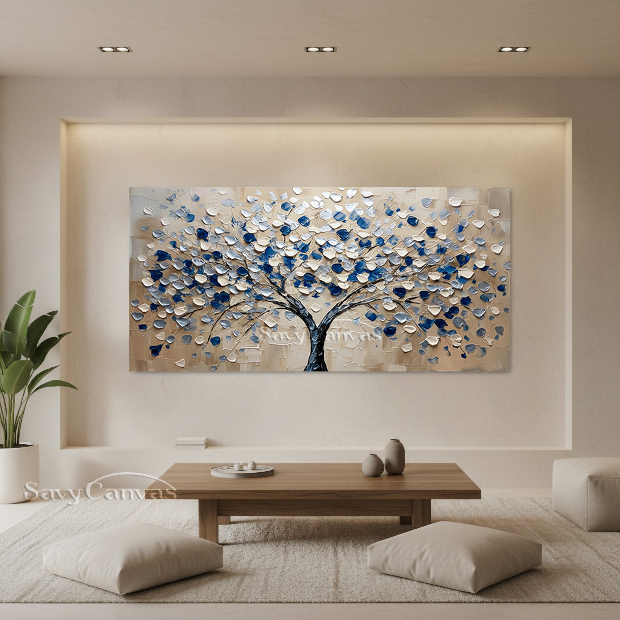 Hand-Painted Abstract Blue Floral Tree Canvas Wall Art #SS 032
